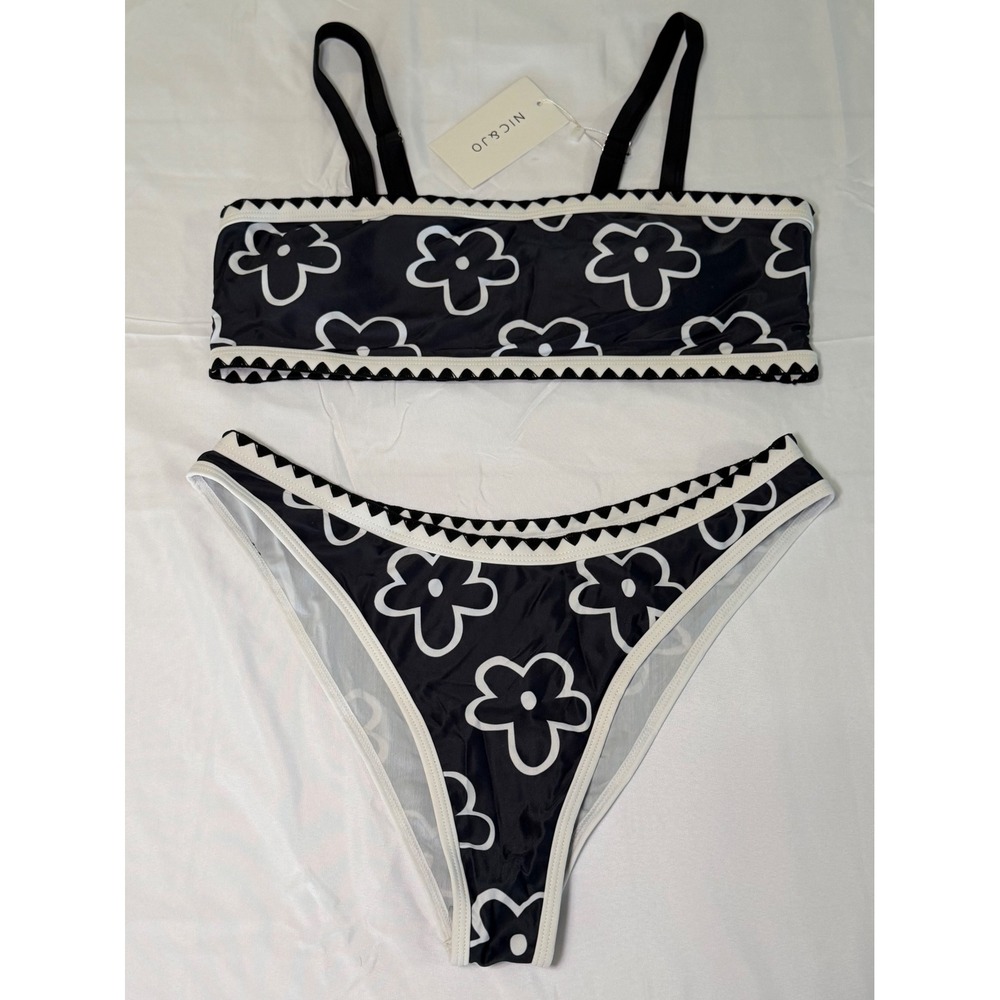 NIC&JO Floral Bandeau High Cut Bikini Set Black White Large Retro Swimwear NWT